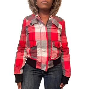 Roxy Red Plaid Jacket With Fur Hood, Small